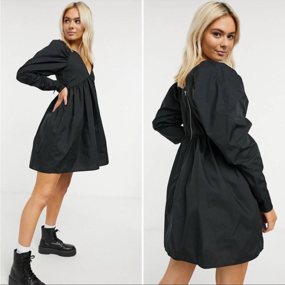 ASOS Black Cotton Poplin Babydoll Mini Dress